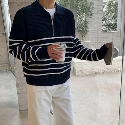 Jesen 2023. Muška odjeća, luksuzni pleteni polo pulover, ležerni prugasti patentni zatvarač, jednobojni puloveri dugih rukava, široki topli M-3XL