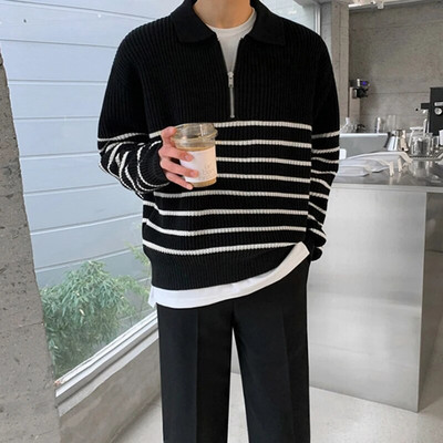 Jesen 2023. Muška odjeća, luksuzni pleteni polo pulover, ležerni prugasti patentni zatvarač, jednobojni puloveri dugih rukava, široki topli M-3XL