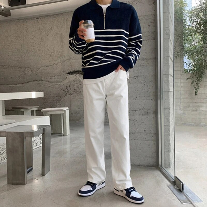 Jesen 2023. Muška odjeća, luksuzni pleteni polo pulover, ležerni prugasti patentni zatvarač, jednobojni puloveri dugih rukava, široki topli M-3XL