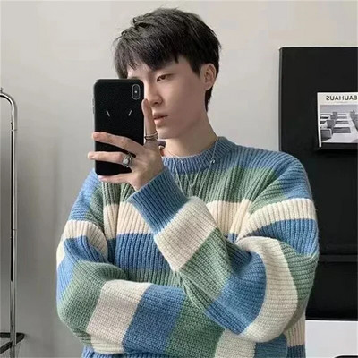 Japoniško stiliaus dryžuotas megztinis Laisvas megztas megztinis Storas viršutinis vyriškas drabužis Rudens žieminis megztinis Vyriškas megztinis korėjietiško stiliaus vyriškas