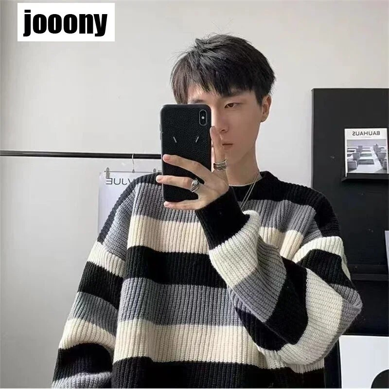 Japoniško stiliaus dryžuotas megztinis Laisvas megztas megztinis Storas viršutinis vyriškas drabužis Rudens žieminis megztinis Vyriškas megztinis korėjietiško stiliaus vyriškas