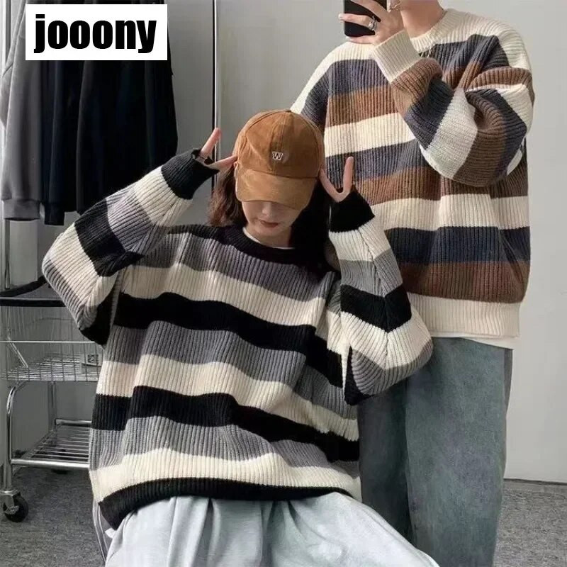 Japoniško stiliaus dryžuotas megztinis Laisvas megztas megztinis Storas viršutinis vyriškas drabužis Rudens žieminis megztinis Vyriškas megztinis korėjietiško stiliaus vyriškas