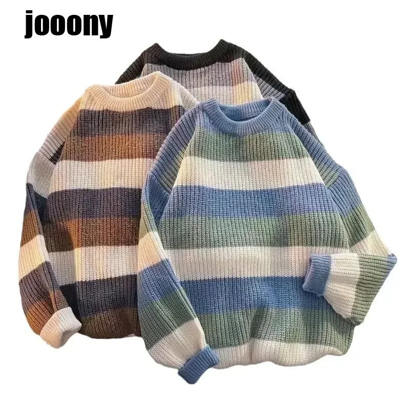 Japoniško stiliaus dryžuotas megztinis Laisvas megztas megztinis Storas viršutinis vyriškas drabužis Rudens žieminis megztinis Vyriškas megztinis korėjietiško stiliaus vyriškas