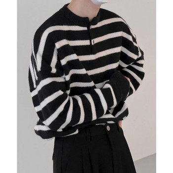 2023 Плетени леки луксозни пуловери Пуловер Мъжки Ежедневни ретро яка Хенри Горнища на райета с дълъг ръкав Улично облекло Есен