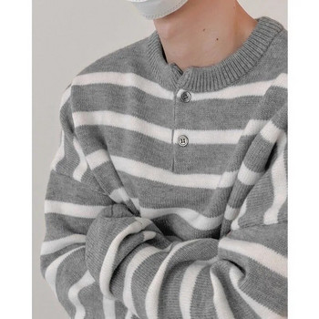 2023 Плетени леки луксозни пуловери Пуловер Мъжки Ежедневни ретро яка Хенри Горнища на райета с дълъг ръкав Улично облекло Есен