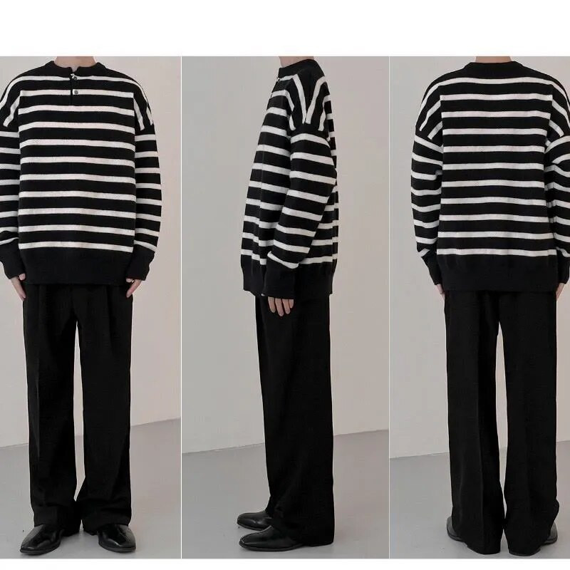 2023. Pleteni lagani luksuzni puloveri Džemperi Muški ležerni vintage Henry ovratnik Prugaste majice dugih rukava Ulična jesen