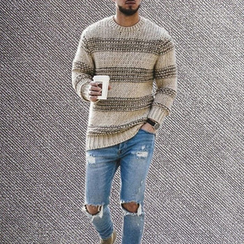 2022 г. Нови мъжки есенни раирани пуловери Пуловери Мъжки ежедневни High Street О-образно деколте Дълъг плетен пуловер Трикотаж
