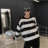 Proljeće ljeto Modni muški pulover s poderanim rupama s resicama i dugim rukavima Crno-bijeli pleteni pulover s ovratnikom i crno-bijelim prugama Ležeran par za sve kombinacije