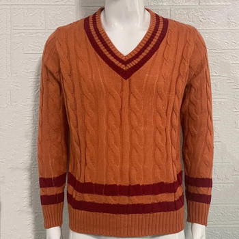 Пролетен и есенен пуловер с V-образно деколте Мъжки плетен пуловер с цветни блокове на райета Есенно-зимна мода Ежедневно Мъжко облекло