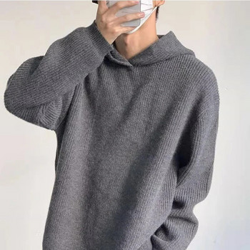 Есен 2023 Мъжки луксозни плетени пуловери с качулка Пуловер Ежедневно улично облекло Раирано едноцветно суичър с дълъг ръкав Vintage