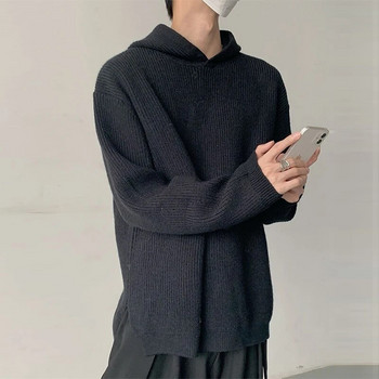 Есен 2023 Мъжки луксозни плетени пуловери с качулка Пуловер Ежедневно улично облекло Раирано едноцветно суичър с дълъг ръкав Vintage