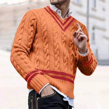 Ретро дълъг пуловер с V-образно деколте Мъжки цветен плетен пуловер на райета Есенна и зимна мода Ins Мъжки ежедневни ризи