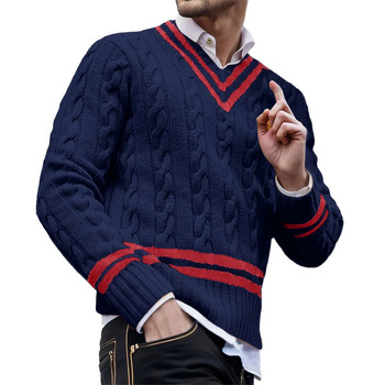 Ретро дълъг пуловер с V-образно деколте Мъжки цветен плетен пуловер на райета Есенна и зимна мода Ins Мъжки ежедневни ризи