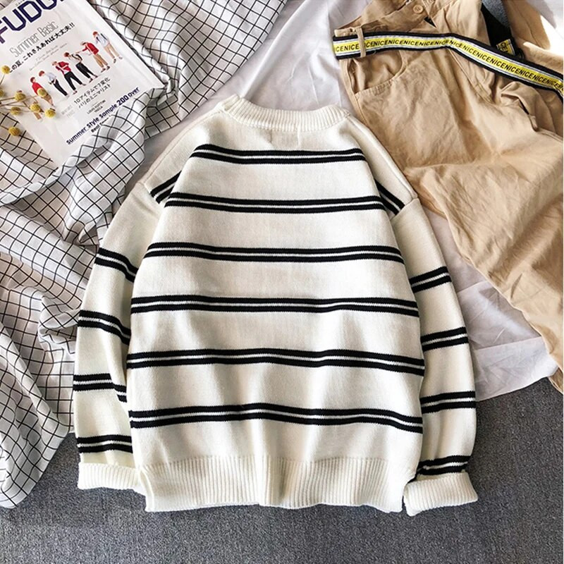 Ανδρικό πουλόβερ Φθινοπωρινό χειμωνιάτικο πουλόβερ Θερμικό πλέξιμο πουλόβερ Preppy στυλ Casual πουλόβερ Ριγέ χαλαρά ρούχα Ανδρικά πουλόβερ