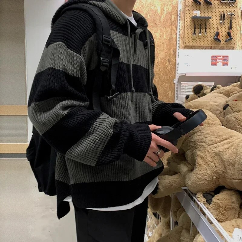 Moodne triibuline kampsun, meeste sügisene Korea versioon 2023, uus lahtine trend, laisk stiil retro kapuutsiga pullover kampsun jakk šikk