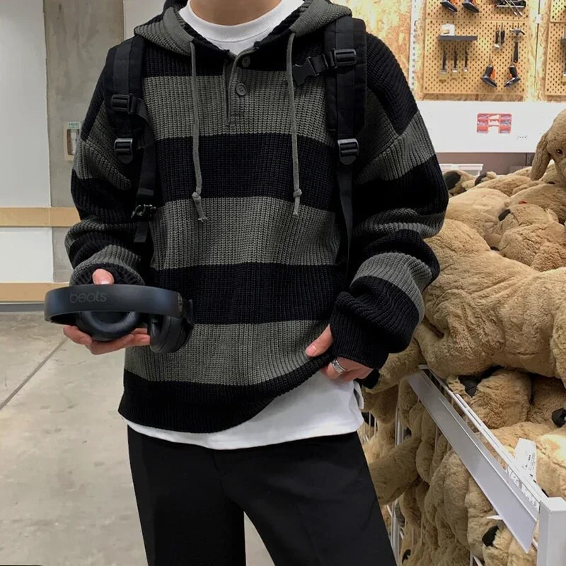 Moodne triibuline kampsun, meeste sügisene Korea versioon 2023, uus lahtine trend, laisk stiil retro kapuutsiga pullover kampsun jakk šikk