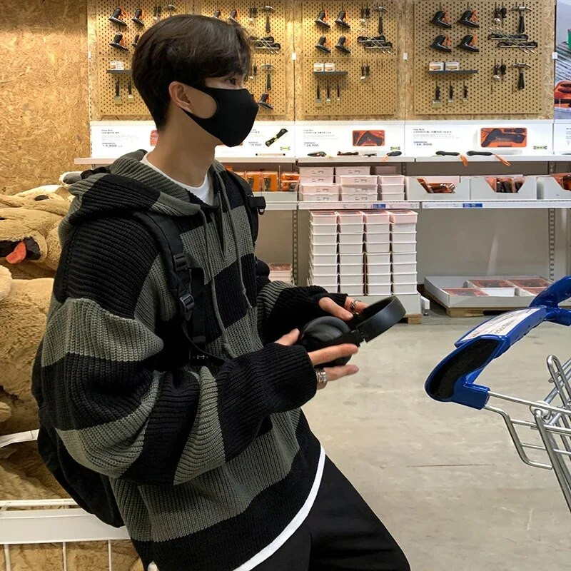 Moodne triibuline kampsun, meeste sügisene Korea versioon 2023, uus lahtine trend, laisk stiil retro kapuutsiga pullover kampsun jakk šikk