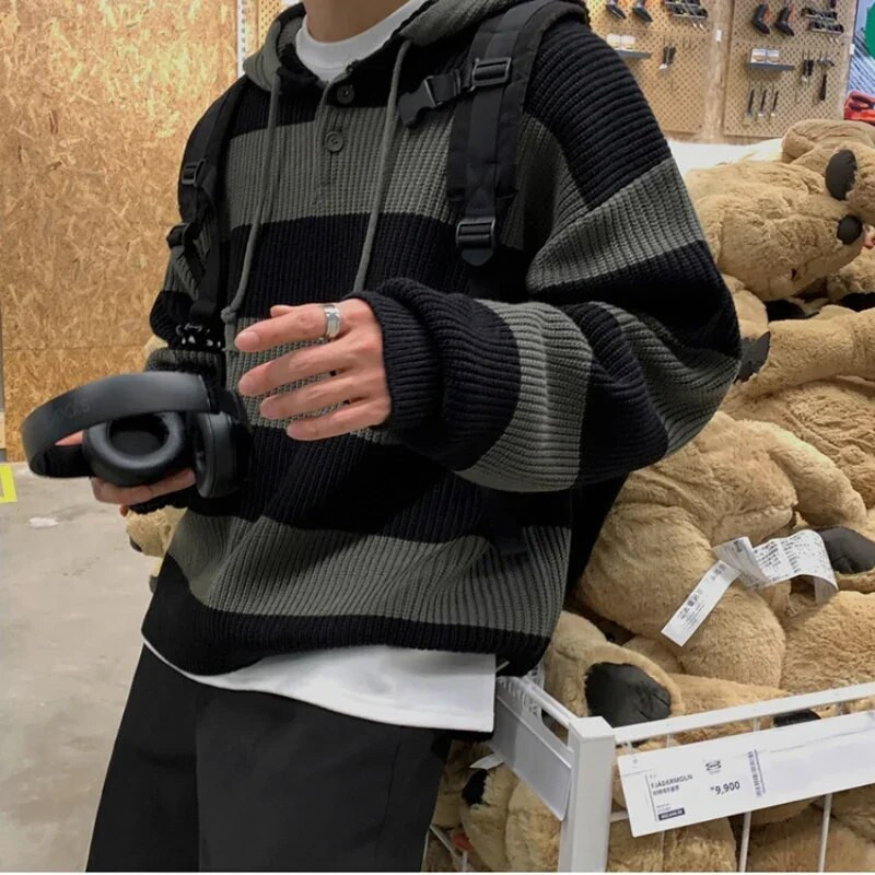 Moodne triibuline kampsun, meeste sügisene Korea versioon 2023, uus lahtine trend, laisk stiil retro kapuutsiga pullover kampsun jakk šikk