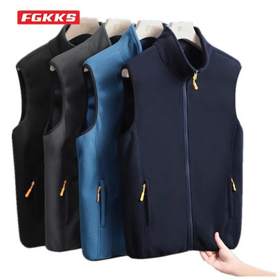 FGKKS Nou Toamnă Bărbați Ocazional Vest Jachetă Culoare Solidă Guler Stand Polar Fleece Vest Pescuit Drumeții Cuplu Vestă caldă Manta Bărbați