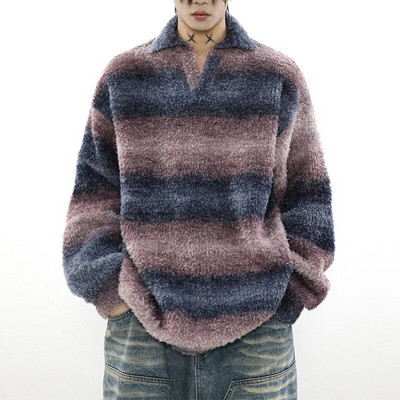 Pánske vintage pletené pulóvre s výstrihom do V z roku 2023, sveter s dlhým rukávom, luxusné pruhované textúrované klopy, prémiové jesenné oblečenie