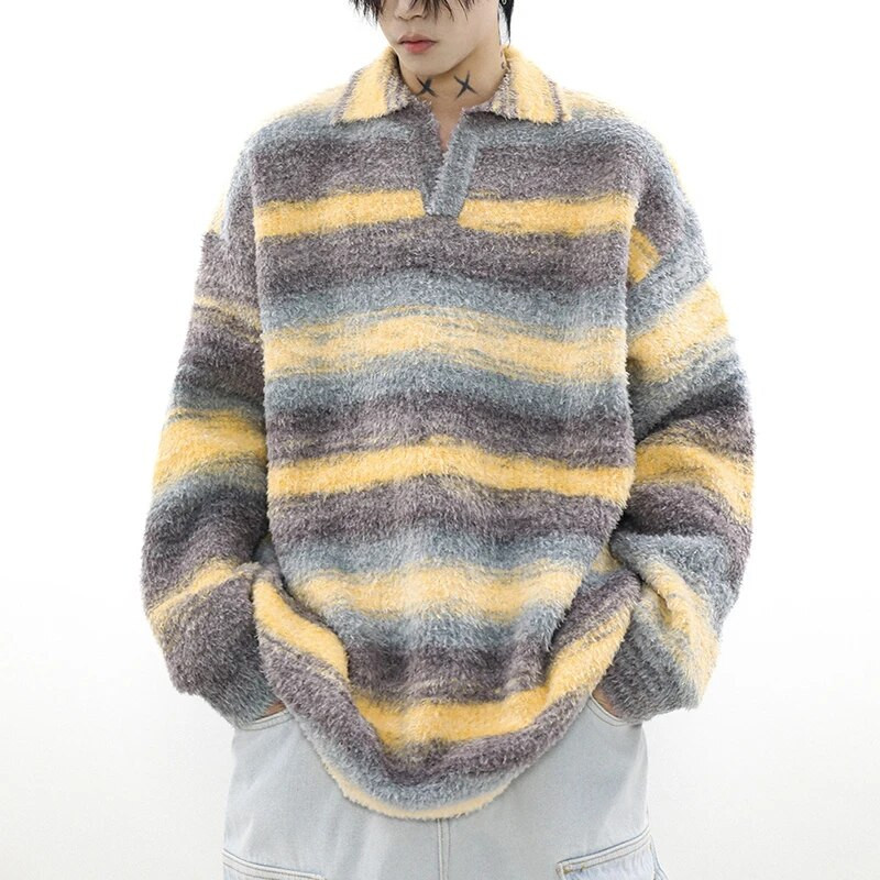 Pánske vintage pletené pulóvre s výstrihom do V z roku 2023, sveter s dlhým rukávom, luxusné pruhované textúrované klopy, prémiové jesenné oblečenie