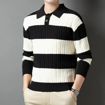 Поло риза Луксозен мъжки пуловер Пуловер Моден дебел топъл пуловер Ежедневна тениска на райета Мъжки горен свободен пуловер