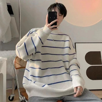 Мъжко облекло Яке Плетен пуловер на райета Мъжка водолазка с висока яка Синьо палто Пуловери Суичър Вълнена корейска мода Old T