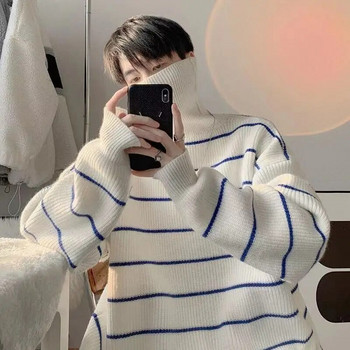 Мъжко облекло Яке Плетен пуловер на райета Мъжка водолазка с висока яка Синьо палто Пуловери Суичър Вълнена корейска мода Old T