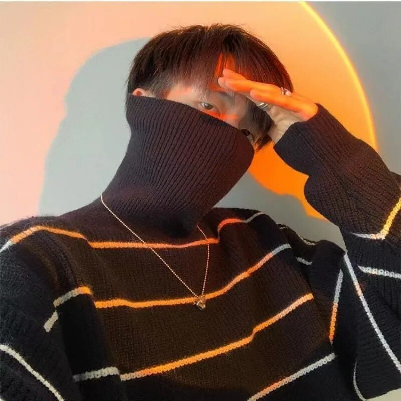 Muška odjeća Jakna Prugasti pleteni pulover Muški visoki ovratnik dolčevita Plavi kaput Puloveri Trenirka Vuna Korejska moda Stari T