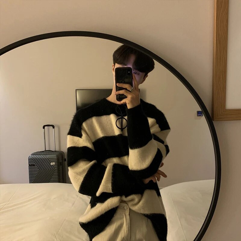 2023. aasta kootud heledad luksuslikud pulloverid, kampsun, meeste vabaaja triibuline vintage vaba kaelaga ühevärviline pikkade varrukatega mantel tänavarõivad