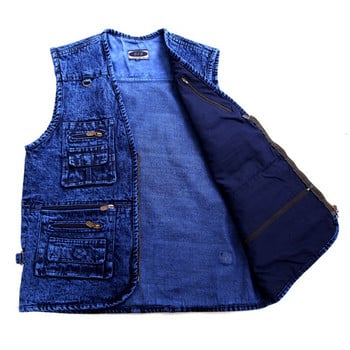 Ανδρικό γιλέκο Εξωτερικό τζιν Γιλέκο Βαθύ Μπλε Χρώμα Αμάνικο Μπουφάν Plus Size Μέγεθος πολλαπλών τσέπης XL έως 5XL