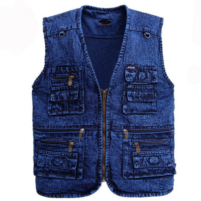 Vestă pentru bărbați Îmbrăcăminte exterioară Vestă din denim Culoare albastru adânc Jachetă fără mâneci cu mai multe buzunare Mărimea XL până la 5XL