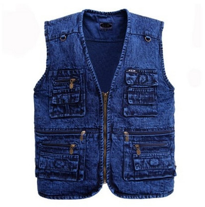 Vestă pentru bărbați Îmbrăcăminte exterioară Vestă din denim Culoare albastru adânc Jachetă fără mâneci cu mai multe buzunare Mărimea XL până la 5XL