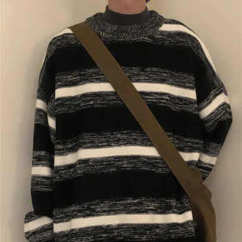 Винтидж пуловер с раирани пуловери Мъжки панели с О-образно деколте S-3XL Американски ретро трикотаж Streetwear Хип-хоп Унисекс облекло Универсално