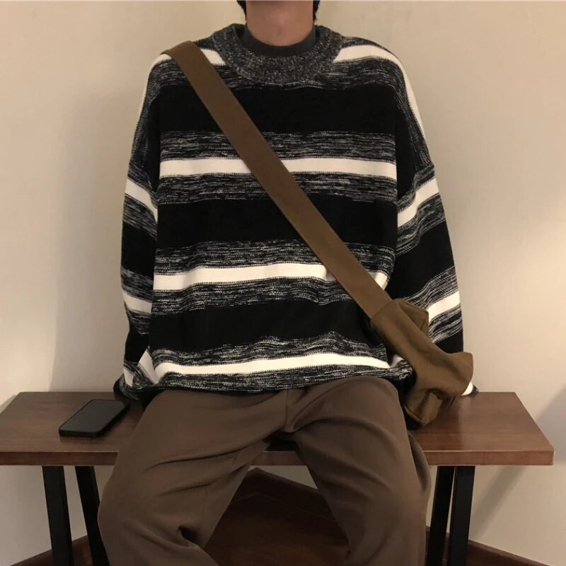 Vintage ριγέ πουλόβερ πουλόβερ ανδρικές επενδύσεις με λαιμόκοψη S-3XL αμερικανικό ρετρό πλεκτά Streetwear Hip Hop Unisex Ρούχα All-match