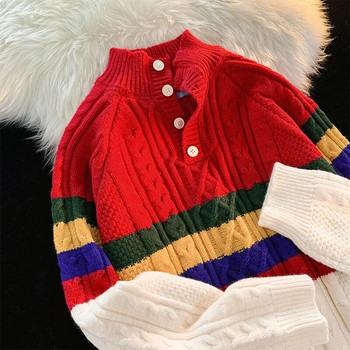 Усукан пуловер на райета Мъжки винтидж съвпадащи цветове Дамски есенни зимни шикозни пуловери Копчета с дълги ръкави Плетени пуловери
