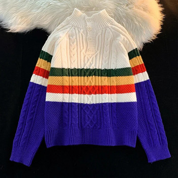Ριγέ Twist Πουλόβερ Ανδρικό Vintage Χρώμα ταιριαστό Γυναικείο Φθινοπωρινό Χειμώνα Κομψό Πουλόβερ Κουμπιά Μακρυμάνικα Πλεκτά πουλόβερ μπλούζες