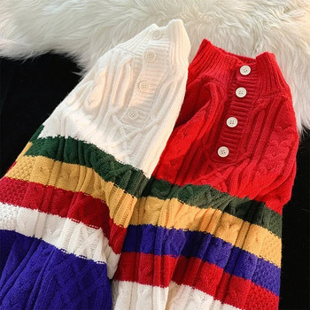 Усукан пуловер на райета Мъжки винтидж съвпадащи цветове Дамски есенни зимни шикозни пуловери Копчета с дълги ръкави Плетени пуловери