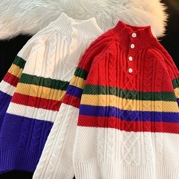 Ριγέ Twist Πουλόβερ Ανδρικό Vintage Χρώμα ταιριαστό Γυναικείο Φθινοπωρινό Χειμώνα Κομψό Πουλόβερ Κουμπιά Μακρυμάνικα Πλεκτά πουλόβερ μπλούζες