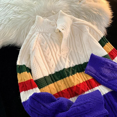 Dryžuotas Twist Megztinis Vyriškas Vintažinės Spalvos Atitinkamos Moteriškos Rudens žiemos Prašmatnūs megztiniai Sagos ilgomis rankovėmis Trikotažo megztiniai Viršutiniai