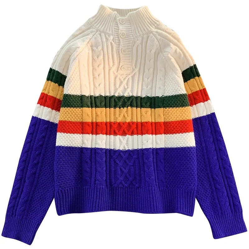 Dryžuotas Twist Megztinis Vyriškas Vintažinės Spalvos Atitinkamos Moteriškos Rudens žiemos Prašmatnūs megztiniai Sagos ilgomis rankovėmis Trikotažo megztiniai Viršutiniai