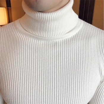 2022 Есен/Зима Мъжки пуловер с висока яка Моден раиран едноцветен топъл плетен пуловер Мъжки тесни пуловери с двойна яка