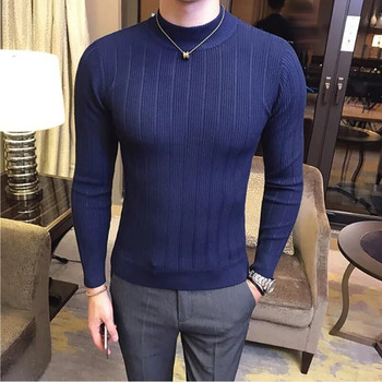 2023 Нов стил мъжки есенен и зимен термичен плетен пуловер/мъжки пуловер с тесен крой с висока яка, раиран пуловер, плетени горнища 3XL