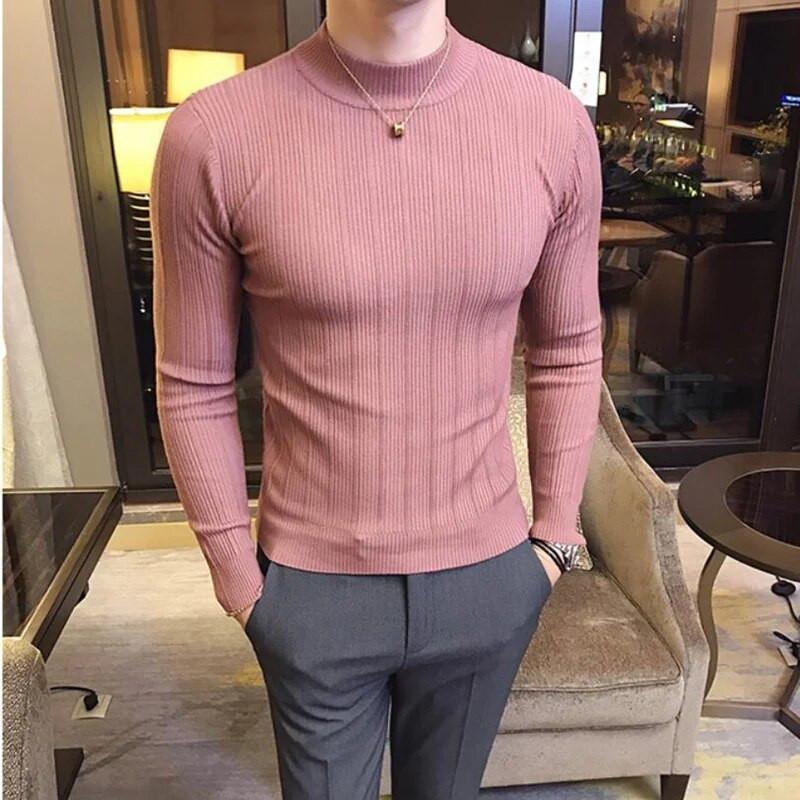 2023. Novi stil muškog jesenskog i zimskog termo pletenog džempera/muški uski pulover s visokim ovratnikom, prugasti pulover pleteni gornji dijelovi 3XL