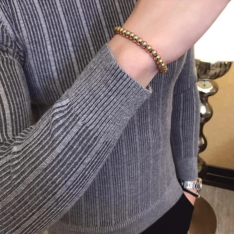 2023. Novi stil muškog jesenskog i zimskog termo pletenog džempera/muški uski pulover s visokim ovratnikom, prugasti pulover pleteni gornji dijelovi 3XL