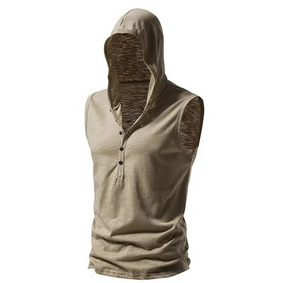 Summer Men Hooded Tank Top Solid Color Short Sleeve Vest Tops Bamboo Fiber O-Neck Slim Fit Male Fitness Tank Vest Sports