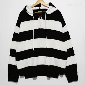 IEFB Korean Knitwear Ανδρικό πουλόβερ με κουκούλα ριγέ Φθινοπωρινό Vintage Top ρίγα ματισμένο Νέα φαρδιά πλεκτά πουλόβερ πουλόβερ 9A5473a