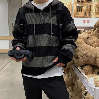 IEFB Korea Knitwear Meeste kapuutsiga triibuline kampsun Sügisvintage Top Triibuga Spliced Uued lahtised Kootud Pullover Kampsunid 9A5473a