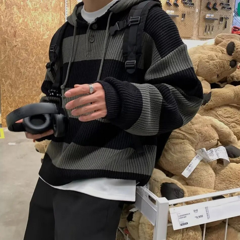 IEFB korejiešu trikotāžas vīriešu džemperis ar kapuci, svītrains rudens vintage tops, svītrots, jauns, brīvs trikotāžas džemperis 9A5473a