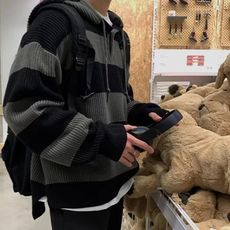 IEFB korejiešu trikotāžas vīriešu džemperis ar kapuci, svītrains rudens vintage tops, svītrots, jauns, brīvs trikotāžas džemperis 9A5473a